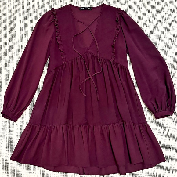 ZARA pleated deep purple v neck flowy dress - Picture 2 of 5